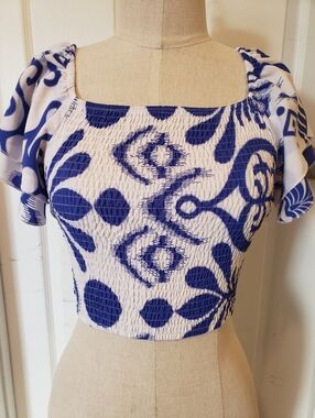 SHEIN Blue and White Smocked Square-Neck Crop Top Size Medium